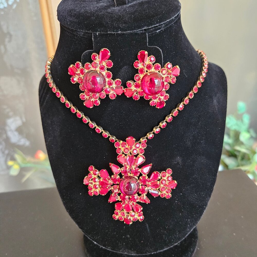 Vintage Leru Signed Red Rhinestone Maltese Cross Necklace & Earring Set